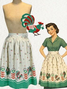 VINTAGE farmhouse rooster long half apron tie back tulip flower folk art chore